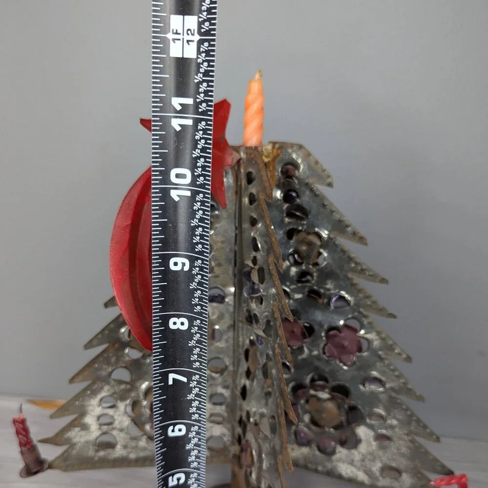Vintage Primitive Folk Art Metal Christmas Tree Candle Holder with Red Star 12